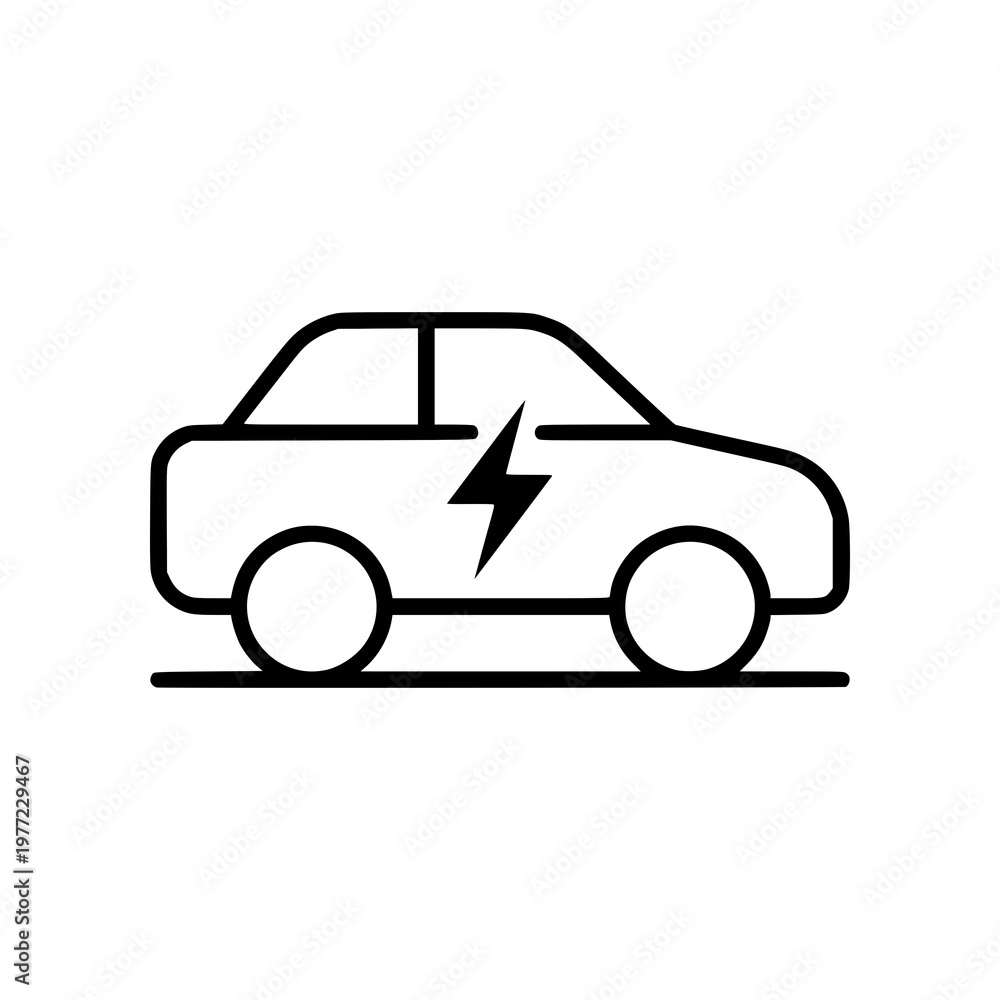 Obraz premium Minimal electric car icon with simple vehicle shape and lightning bolt symbol. Clean flat SVG design ideal for EV transport, green mobility, energy solutions, and sustainability graphics.