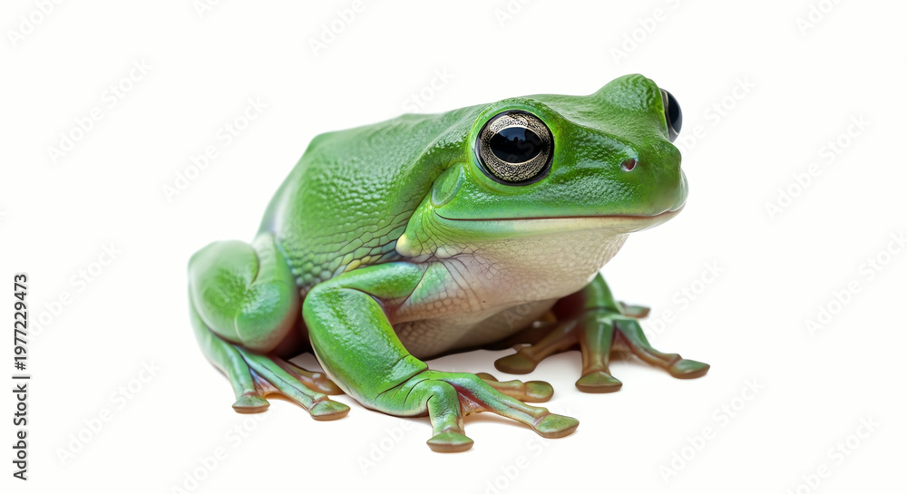 Obraz premium Vibrant green tree frog with large, expressive eyes on a clean white background.