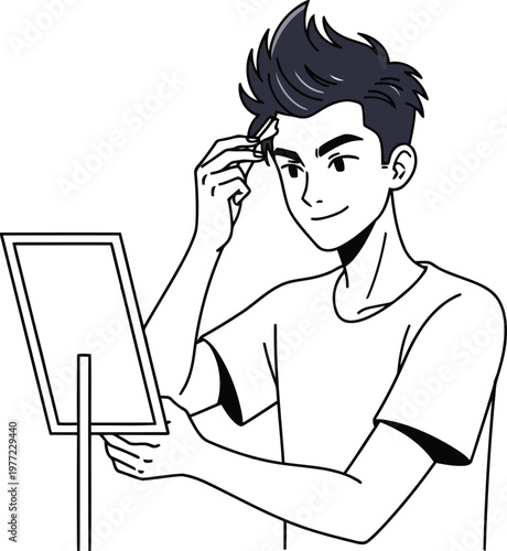 Graphic illustration of a young man styling his hair using a small handheld mirror with grooming reflection handheld