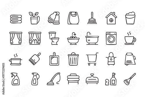 Kitchen bathroom and laundry icons set for household applications
