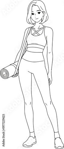 Sporty woman in activewear holding a yoga mat standing ready for fitness training line art style with activewear