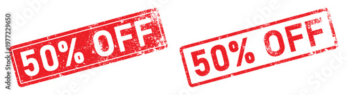 Two red rubber stamp style vector illustrations with 50% OFF text in white