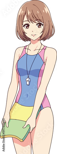 Anime style female swimming instructor holding colorful kickboards with swimming instructor kickboard training
