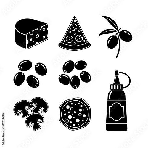 Collection of Italian food icons pizza, olives, cheese, mushrooms and sauce