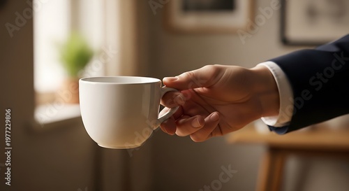 Close up of a hand in a suit holding a coffee cup near a window.