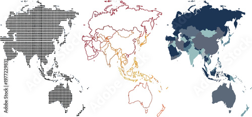 Asia map vector illustration collection featuring dotted halftone design outline shapes and colored political regional geographic continent border layouts