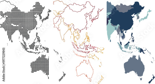 Asia map vector illustration showing different creative styles including dotted, outline, and filled continental designs for professional graphic projects