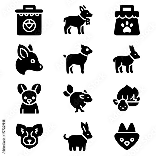 Pet care and domestic animal glyph icon collection for web design