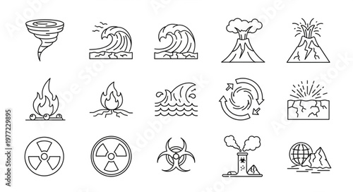 Collection of Natural Disaster and Hazard Icons in Outline Style.