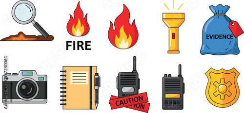 Fire Investigation and Evidence Collection Icon Set for Detectives, Investigation Tools, Fire Safety, and Caution Signs