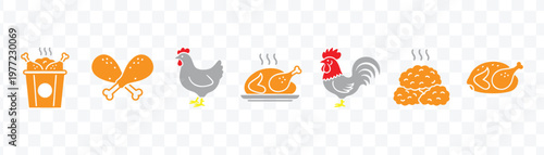Chicken and Poultry Food Icons Set Fried, Roasted, Hen, Rooster Vector Collection