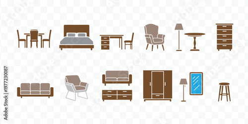 Stylish Home Furniture Vector Icons Set. Interior Design Elements for Modern Living Spaces.