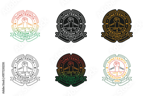 Juneteenth emblems in various colors each featuring a raised fist broken chains and the date June 19 1865