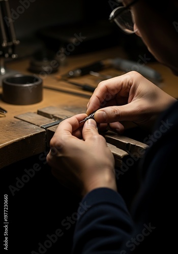Close-up of a jeweler meticulously crafting a piece of jewelry at a workbench.