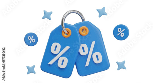 Vector illustration of 3d render of blue discount price tags with percentage symbols on a transparent background