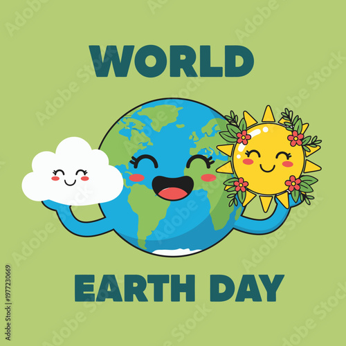 World Earth Day Cartoon Poster With Smiling Earth Sun And Cloud