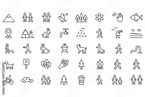 Camping and wildlife icons set for tourism and travel guides