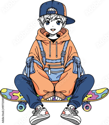 Happy boy with skateboard wearing colorful hoodie and hat illustration skateboard illustration colorful character