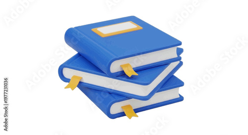 Vector illustration of stack of three blue books with yellow bookmarks on a transparent background
