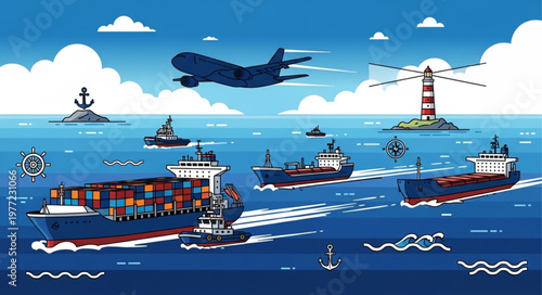 Global Trade and Logistics - A Pixel Art Illustration of Cargo Ships and Airplanes.