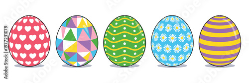 Colorful Easter eggs vector illustration set isolated on white background, decorative holiday eggs collection with vibrant patterns and festive spring design elements