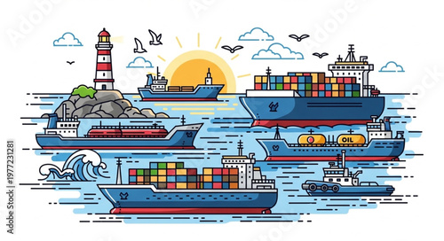 Vibrant Maritime Scene - Cargo Ships, Lighthouse, and Coastal Activity.