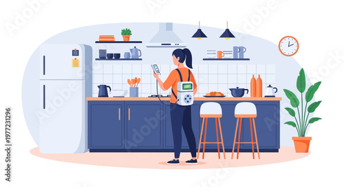 Woman Cooking in Modern Kitchen Illustration.