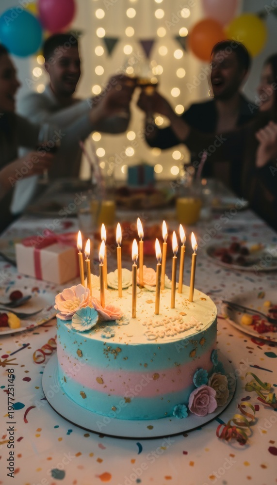 Fototapeta premium A colorful birthday cake with lit candles and people celebrating in the background. Perfect for birthday invitations and festive promotions. Generative AI.