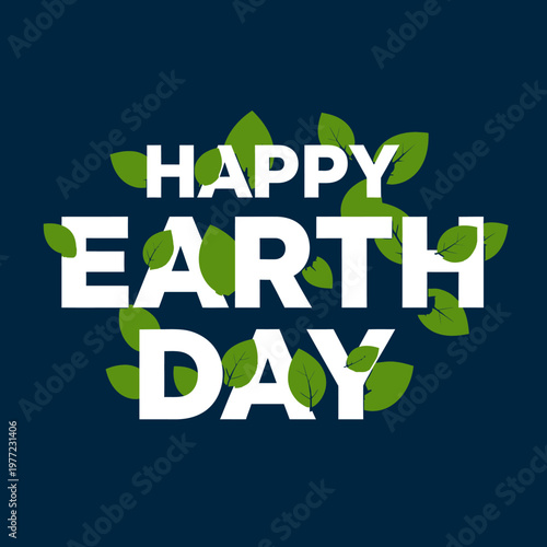 Happy Earth Day Celebration With Green Leaves On Blue Background
