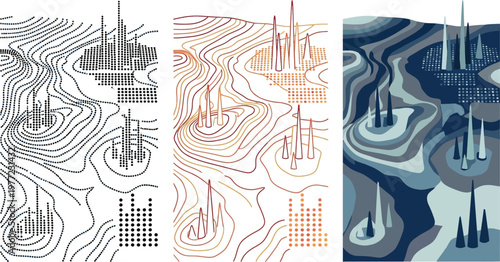 Topographic map vector illustration featuring abstract landscape contours and data visualization points for modern geographic or scientific design projects