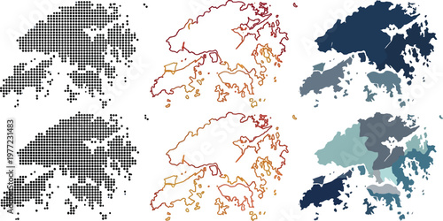 Hong Kong map variations vector illustration graphic design showing geographic contours, pixelated patterns, and administrative subdivisions on white background.