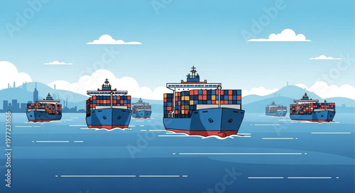 Container Ships Navigating the Ocean - A Fleet of Cargo Vessels.