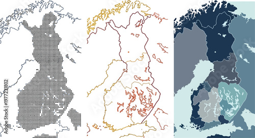 Finland map vector set displaying various artistic styles including dot halftone outline and flat colored administrative regional geographical designs