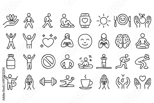 Healthy lifestyle and self care icons collection for wellness platforms
