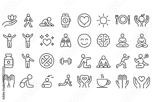 Fitness and mental health icons set for healthcare applications