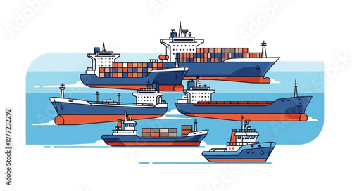 Diverse Fleet of Cargo Ships and Tugboat in Maritime Scene.
