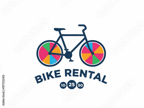 Bike Rental Logo with Colorful Wheels and Numbers on White Background