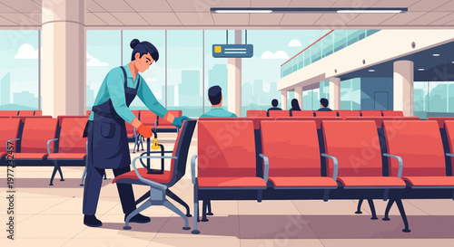Airport Staff Cleaning Orange Waiting Chairs.