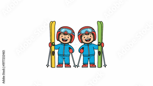 Two children in ski suits holding skis and poles illustration