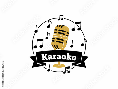 Vintage gold microphone karaoke logo icon with musical notes