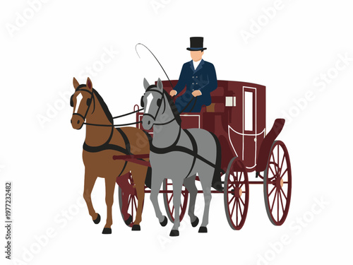 Horse-drawn vintage carriage driven by coachman vector illustration