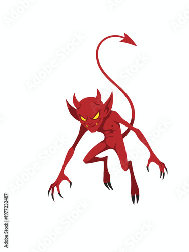 Red devil imp cartoon character crouching isolated on white