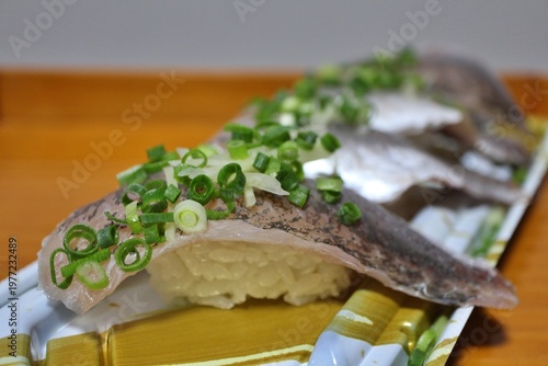 Aji (Japanese jack mackerel) nigirizushi purchased at a supermarket in Tokyo, Japan