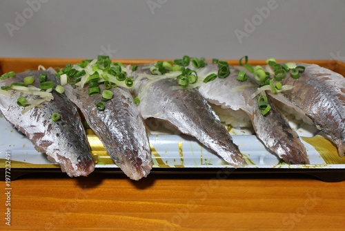 Aji (Japanese jack mackerel) nigirizushi purchased at a supermarket in Tokyo, Japan