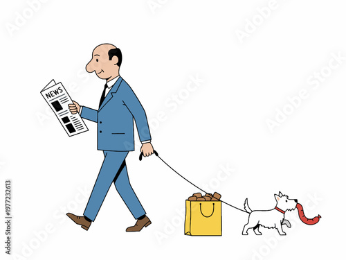 Businessman walking dog reading newspaper on white background