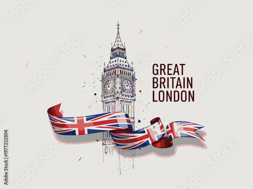Big Ben Sketch with Union Jack Ribbon and London Text Illustration