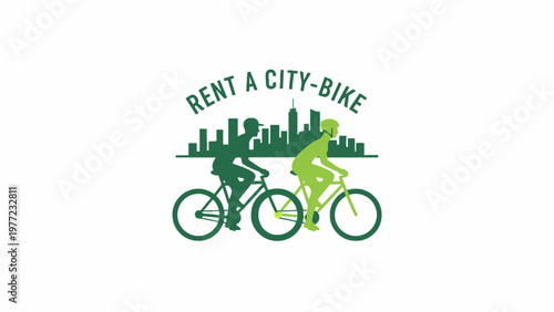 City Bike Rental Logo with Cyclist Silhouettes and Urban Skyline
