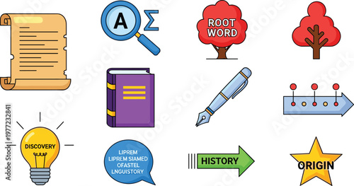 Linguistics and Discovery Icon Set for Language, History, Root Words, and Research Tools
