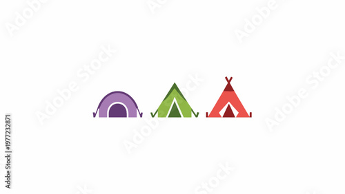 Camping tent icons set with dome ridge and teepee styles