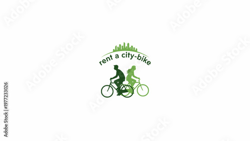 Green city bike rental logo with cyclist silhouettes and skyline